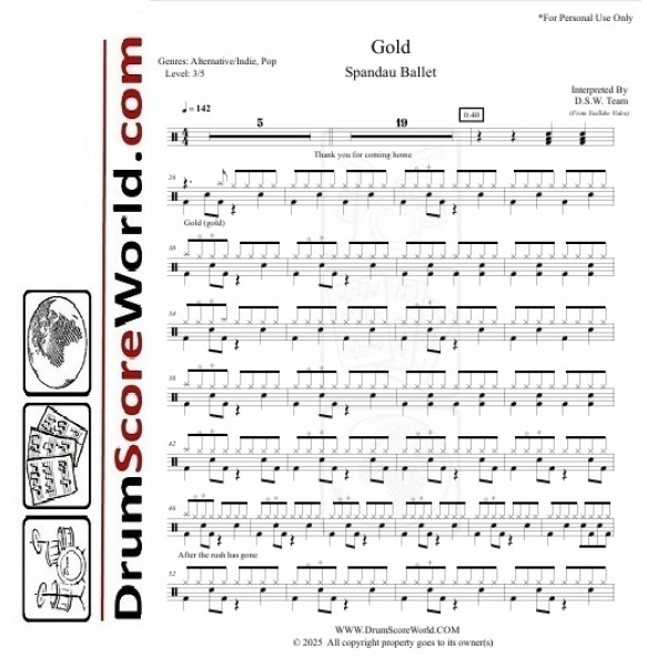 Spandau Ballet - Gold – Drum Sheet